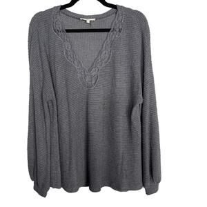 New Entro Large L Heather Gray Waffle Thermal Lace Trim V Neck Top Cuff Sleeve
